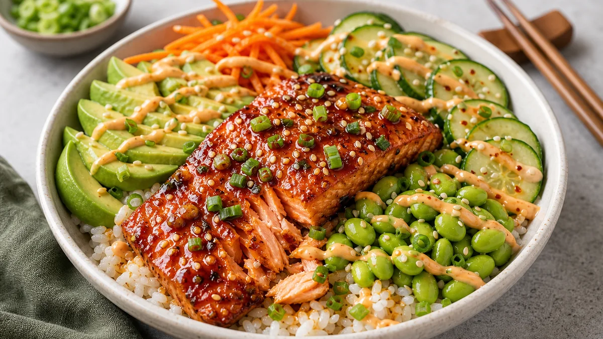 Brown Sugar Chili Salmon Bowls plated and ready to serve.