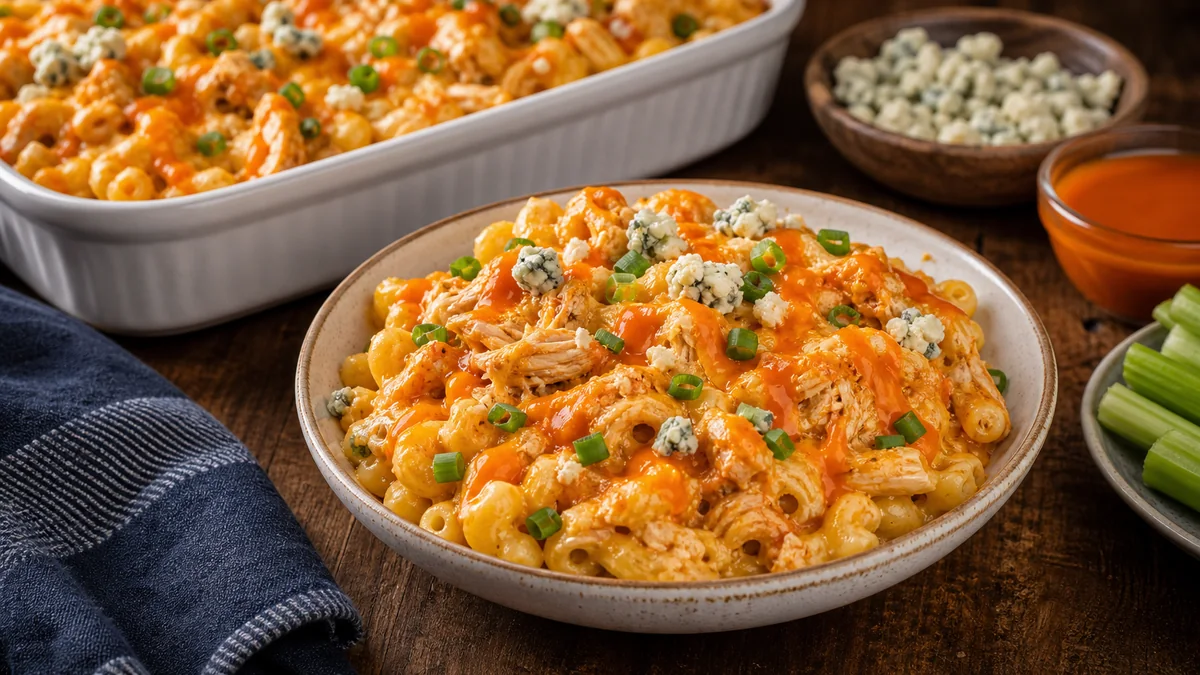 Buffalo Chicken Mac and Cheese plated and ready to serve.