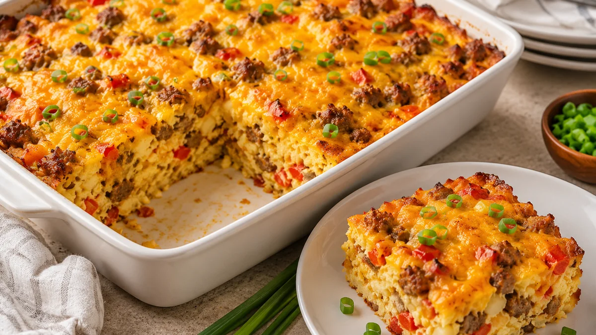 Cheesy sausage, egg, and hash brown breakfast casserole in a baking dish with a served square on a plate.