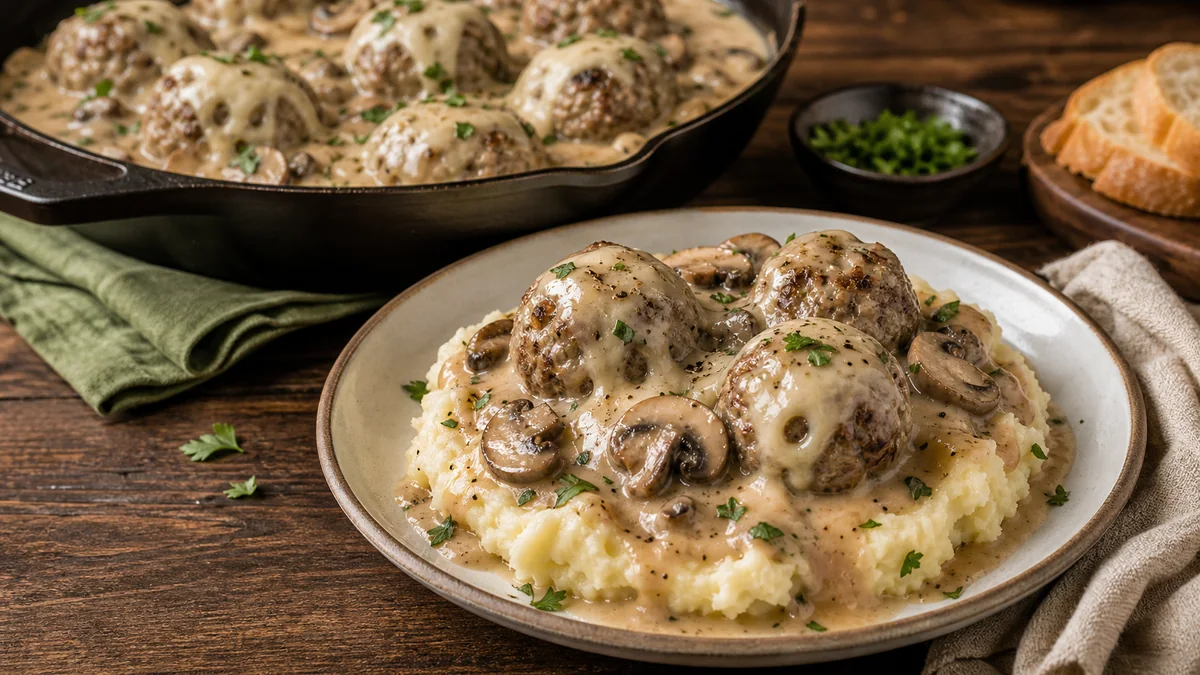 Creamy Mushroom Swiss Meatballs plated and ready to serve.