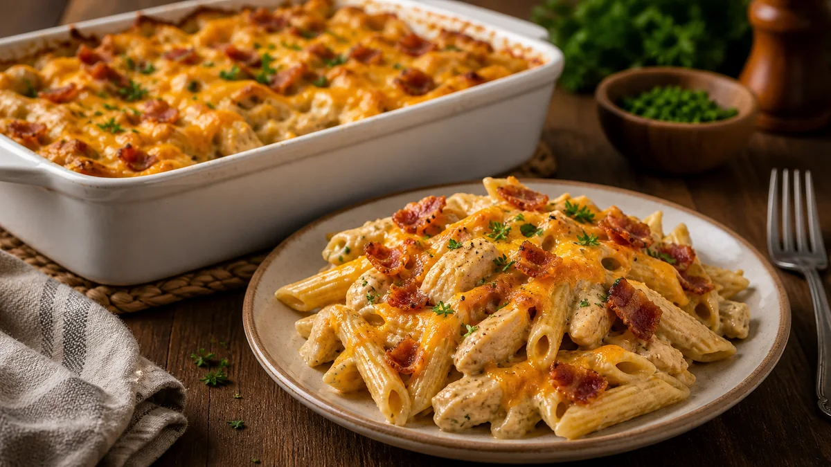 Creamy Ranch Chicken and Bacon Pasta Bake plated and ready to serve.