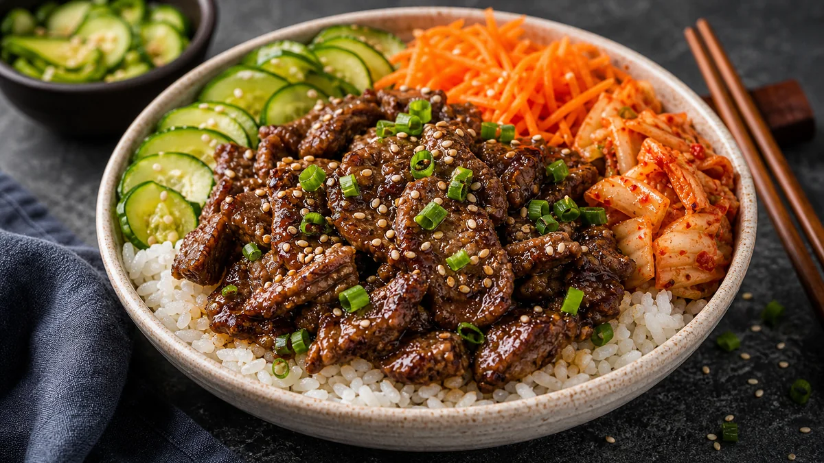 Korean BBQ Beef Rice Bowls plated and ready to serve.