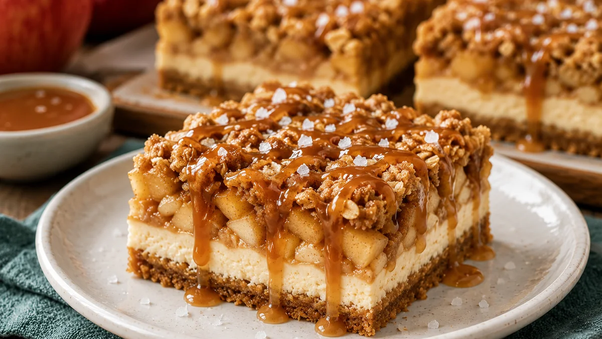 Salted caramel apple cheesecake bars with oat crumble, caramel drizzle, and flaky sea salt.