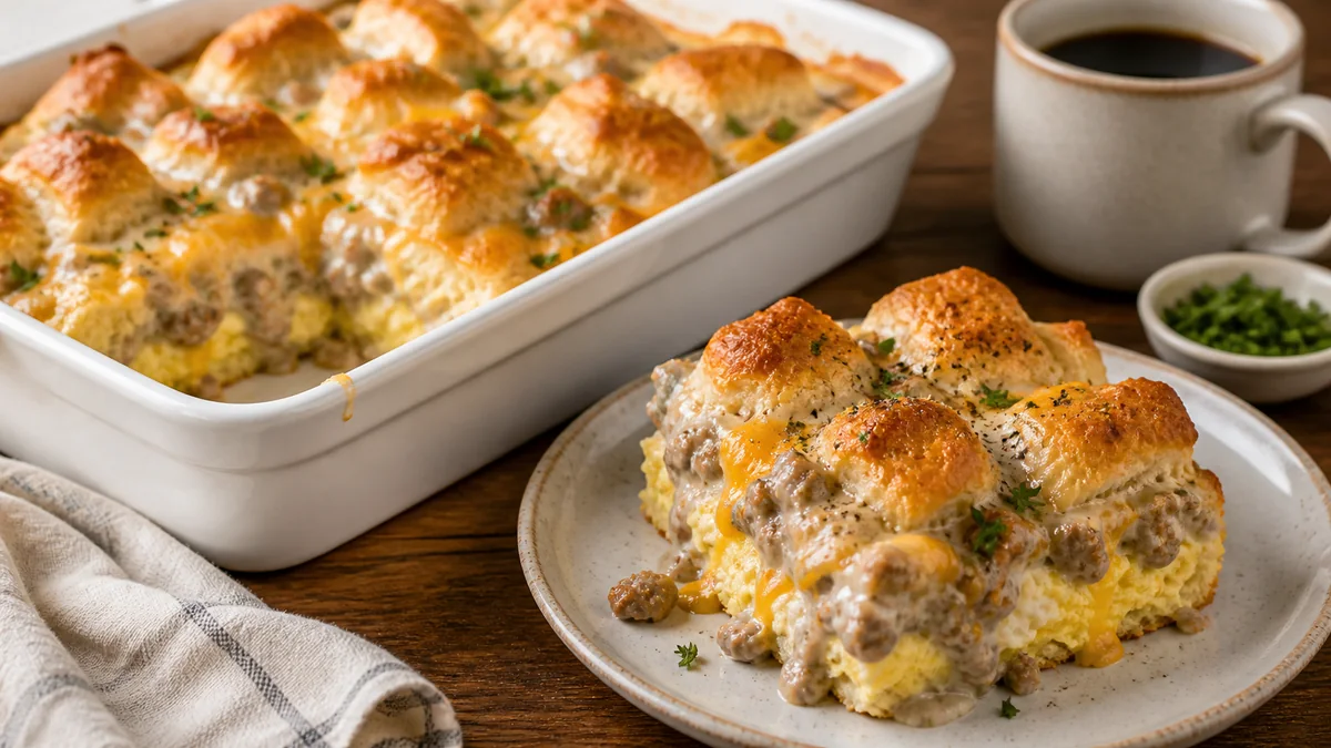 Sausage Gravy Breakfast Biscuit Casserole plated and ready to serve.