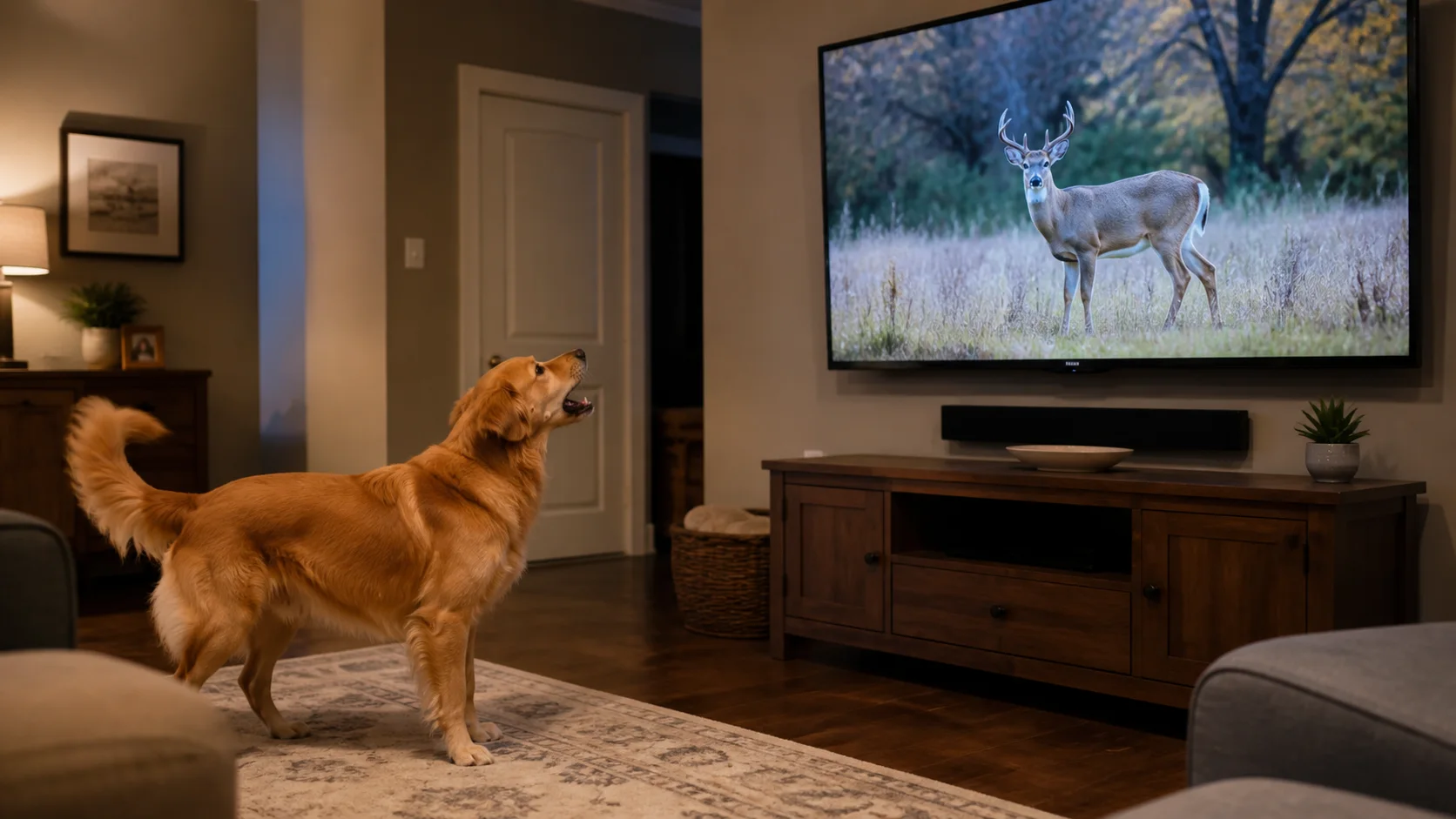 Golden retriever barking at a deer shown on a living-room television.