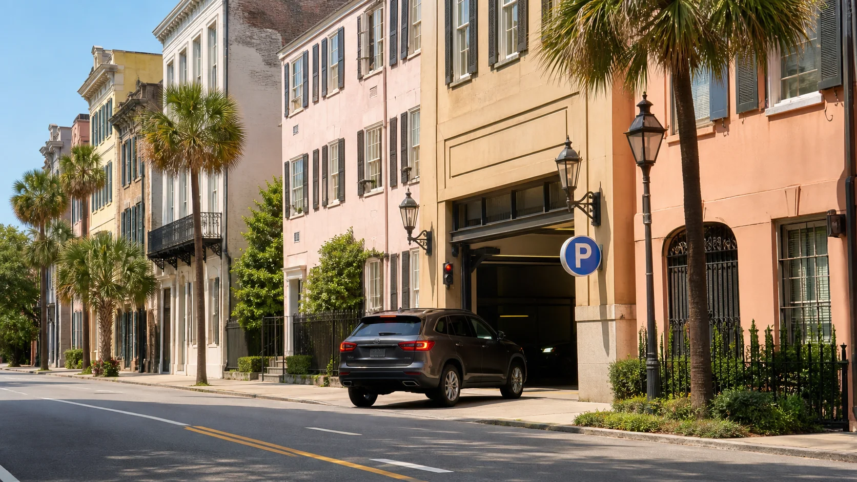 Illustrative downtown Charleston streetscape with a car entering a parking garage.
