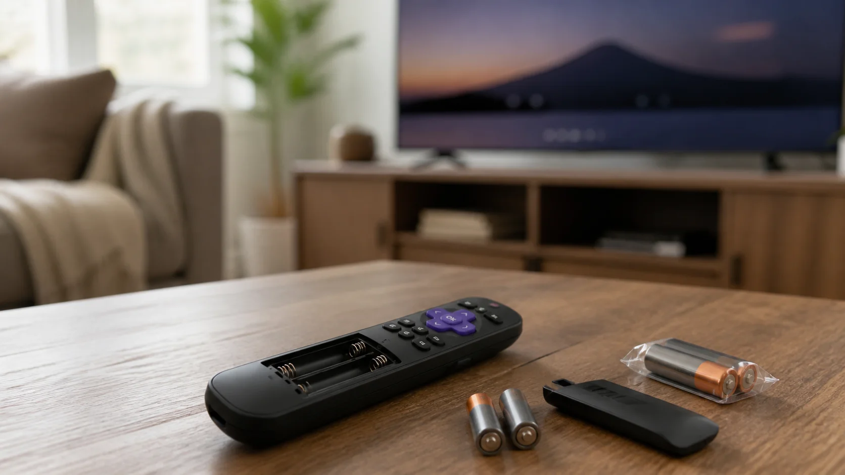 Black streaming remote with its battery cover removed and fresh matching batteries nearby.